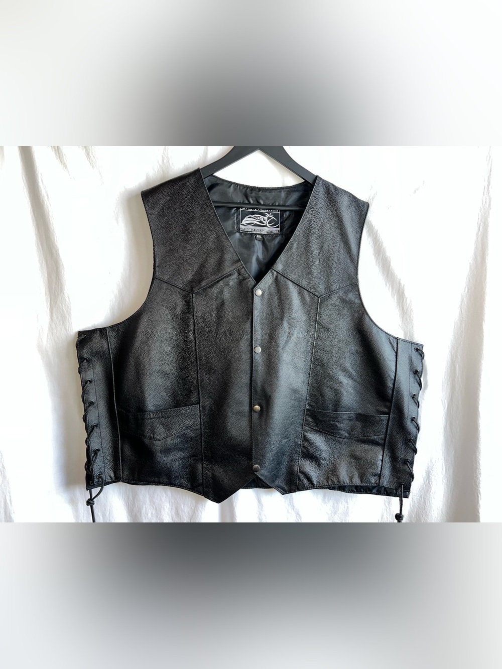 Event Leather Black Leather Vest Lace Side Snap Front Biker Moto | 6XL